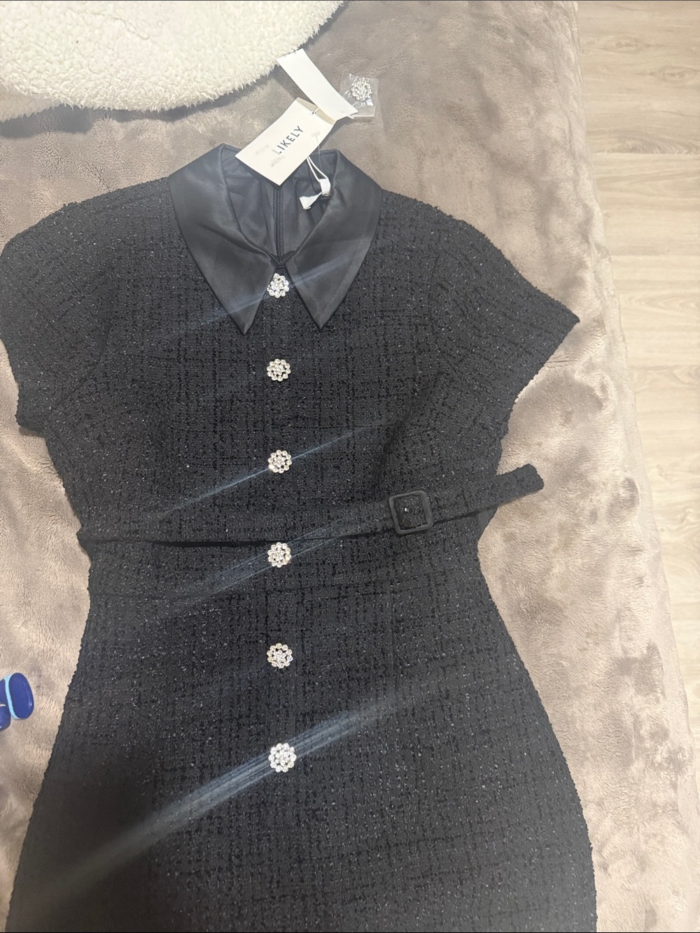 Likely Black Tweed Midi Dress with Satin Collar and Jeweled Buttons